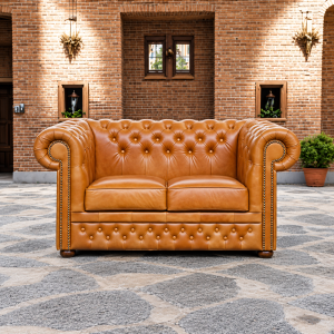 Sofa Skórzana Chesterfield „Lord” 2-osobowa – kolor Karmelowy