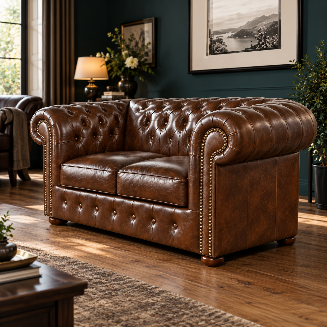 Sofa skórzana Chesterfield „Classic” 2-osobowa – Orzechowy Brąz - Image 2