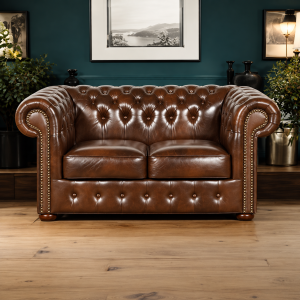Sofa skórzana Chesterfield „Classic” 2-osobowa – Orzechowy Brąz