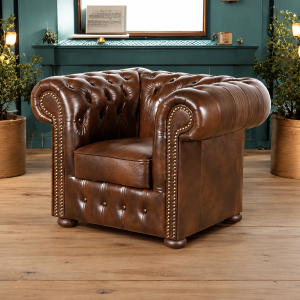 Fotel skórzany Chesterfield „Classic” – Orzechowy Brąz