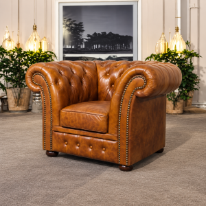 Fotel skórzany Chesterfield „Winchester” – Bursztynowy Brąz