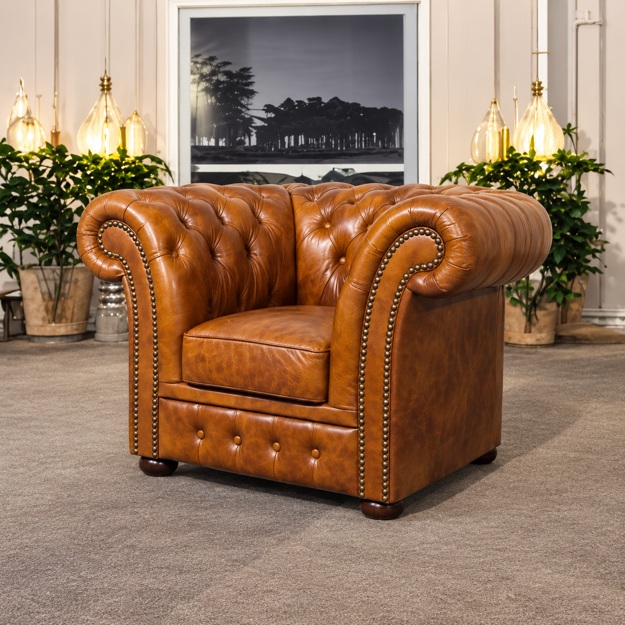 Fotel skórzany Chesterfield „Winchester” – Bursztynowy Brąz