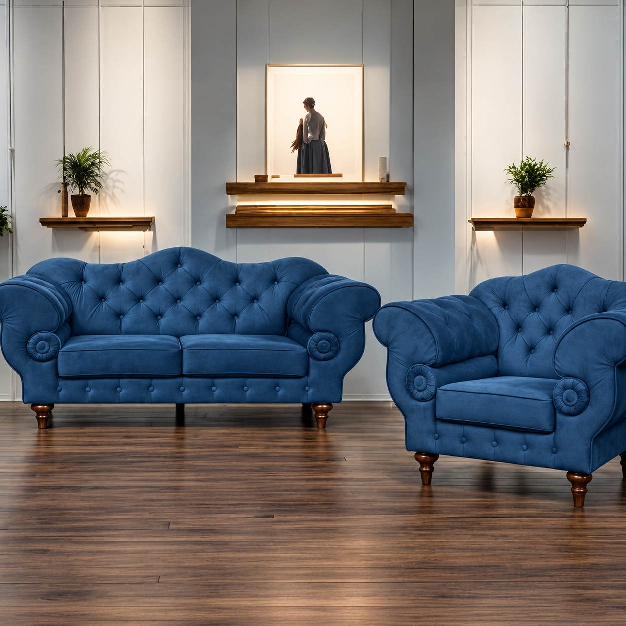 Zestaw Sofa „Wilson” 2-osobowa + Fotel „Wilson" Chesterfield – Głęboki Granat